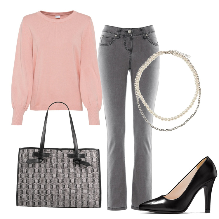 Outfit donna - Lavoro così. Stile Urban per Ufficio. Abbinamento con jeans slim fit, maglieria, décolleté, borse a mano, collane.