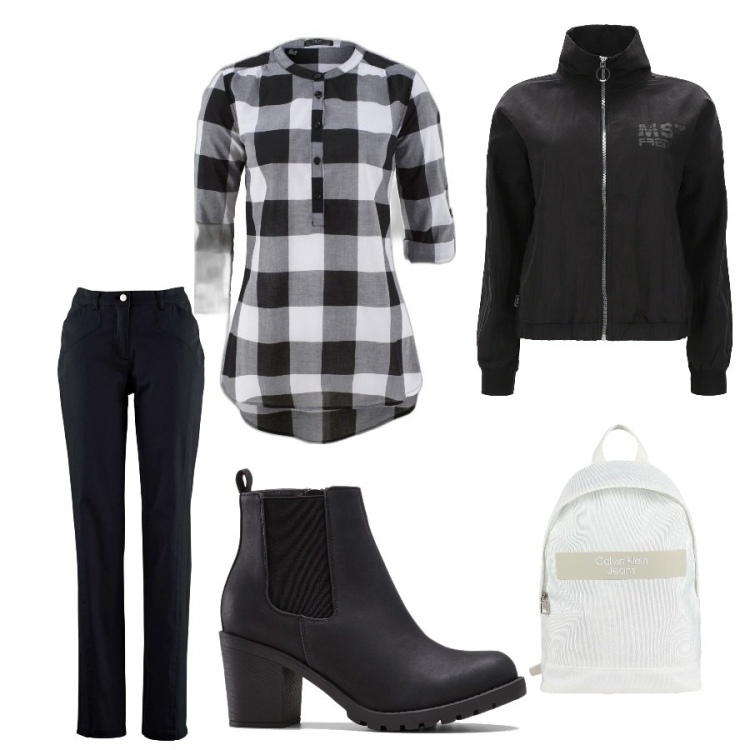 Outfit donna - Al corso d\'inglese. Stile Casual per Tutti i giorni. Abbinamento con stivaletti, bluse, pantaloni sportivi, zaini, giacche.