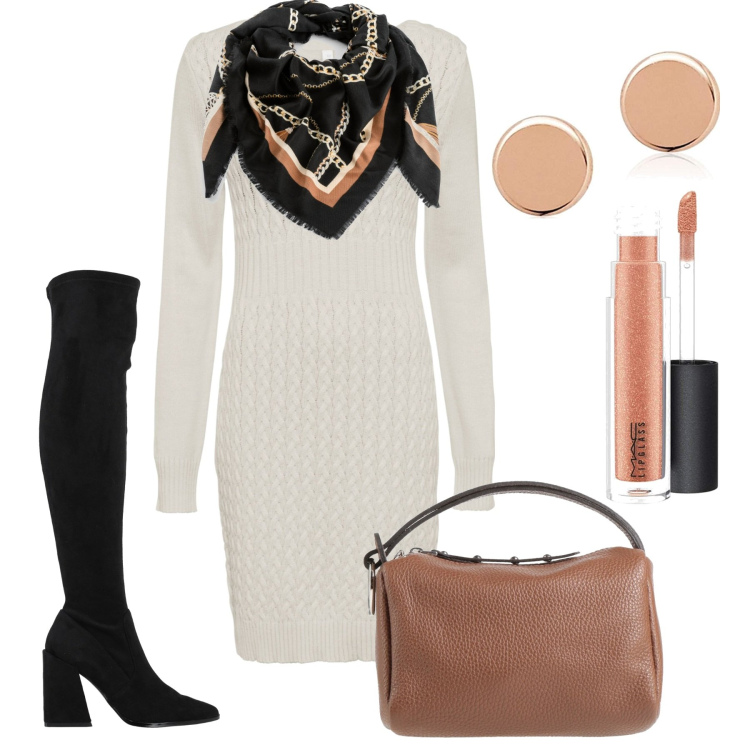 Outfit donna - Un abito semplice. Stile Basic per Tutti i giorni. Abbinamento con vestiti, foulard, borse a mano, stivali, gloss, orecchini.