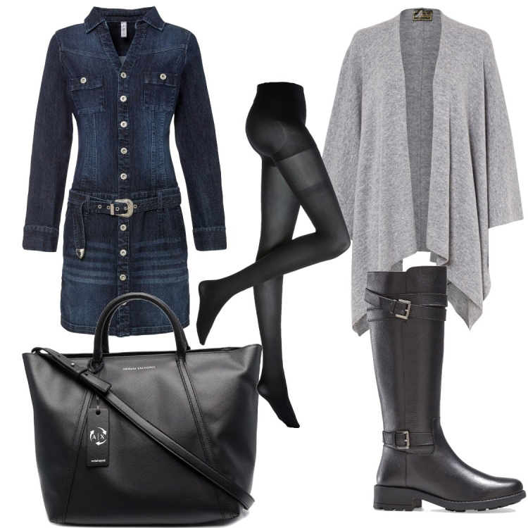 Outfit donna - Il vestito di jeans. Stile Casual per Tutti i giorni. Abbinamento con vestiti, stivali, collant, cappotti, borse tote.