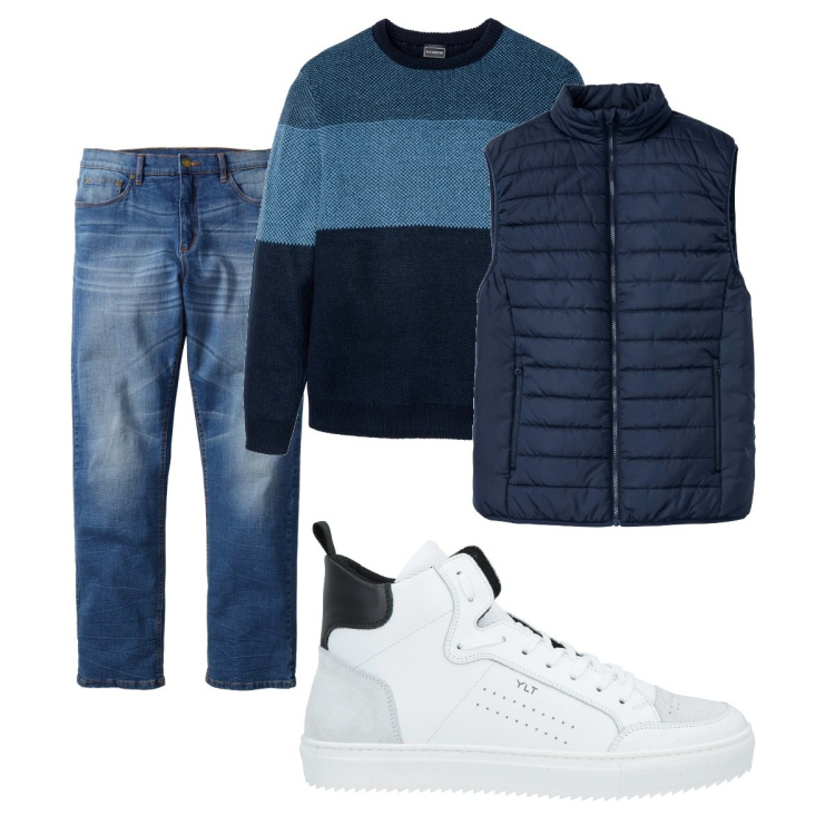 Outfit uomo - Casual #19881. Stile Casual per Tutti i giorni. Abbinamento con maglieria, gilet, jeans dritti, sneakers.