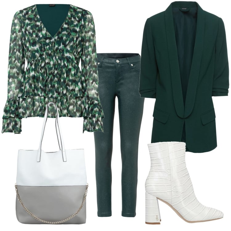 Outfit donna - In ufficio al verde. Stile Romantica per Ufficio. Abbinamento con blazer, maglieria, pantaloni, stivaletti, borse a spalla.