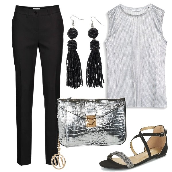 Outfit donna - Lampi argentei. Stile Trendy per Serata fuori. Abbinamento con pantaloni, sandali nero, borsa argento, vestaglia grigio, orecchini nero.