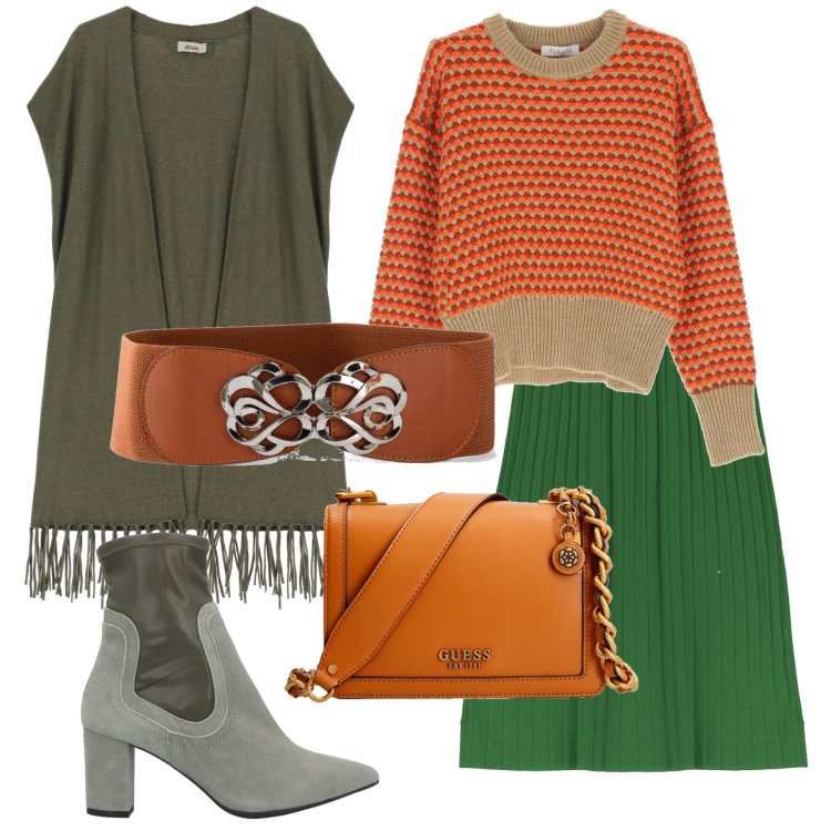Outfit donna - Casual #17758. Stile Casual per Ufficio. Abbinamento con cinture, stivaletti, maglieria, clutch, gilet, gonne longuette.