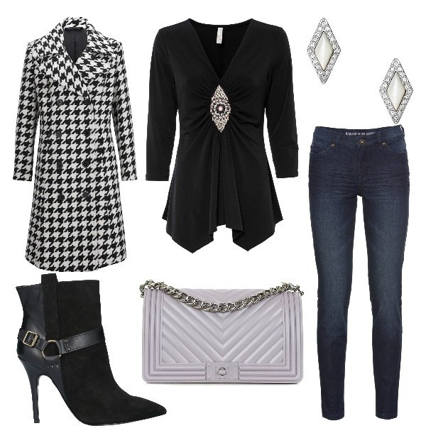 Outfit donna - Pizzetta tra amici!. Stile Casual chic per Serata fuori. Abbinamento con jeans skinny, maglieria, cappotti, stivaletti, borse a tracolla, orecchini.