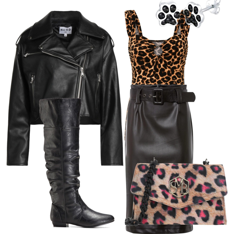 Outfit donna - Serata grintosa. Stile Rock per Serata fuori. Abbinamento con stivali sopra il ginocchio, gonne longuette, top, giacche, borse a tracolla, orecchini.
