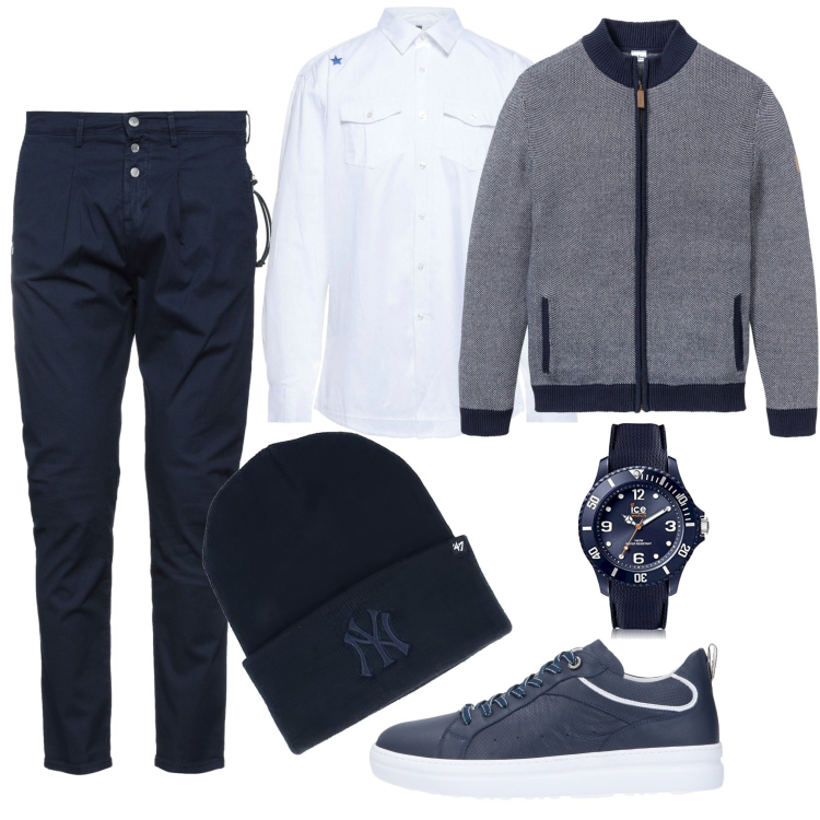 Outfit uomo - Serata in blu. Stile Urban per Serata speciale. Abbinamento con cardigans, pantaloni, sneakers, camicie, berretti, orologi.