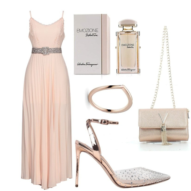 Outfit donna - Total look #1444860. Stile Chic per Cerimonia. Abbinamento con décolleté, vestiti lunghi, clutch, profumi, anelli.