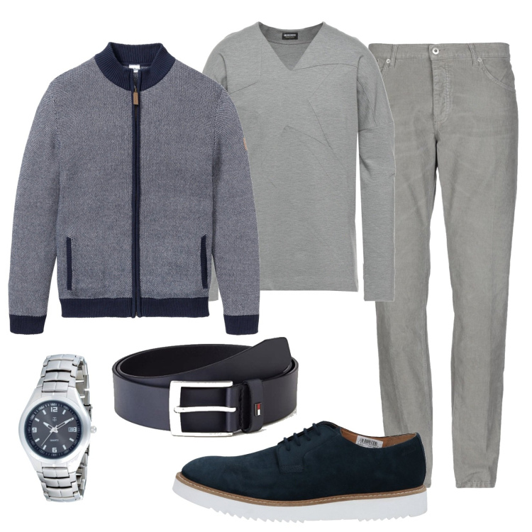 Outfit uomo - Casual a lavoro. Stile Casual per Ufficio. Abbinamento con cardigans, scarpe stringate, t-shirt, pantaloni, orologi, cinture.
