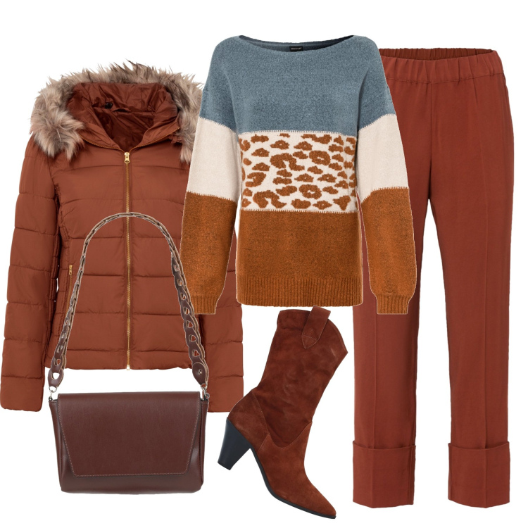 Outfit donna - Total look #1444920. Abbinamento con giacche, pantaloni capri, maglieria, stivaletti, borse a mano.