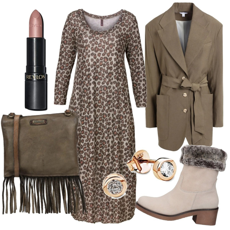 Outfit donna - Animalier minimal per l\'ufficio. Stile Minimal per Ufficio. Abbinamento con vestiti midi/longuette, stivaletti, borse a tracolla, blazer, rossetti, orecchini.