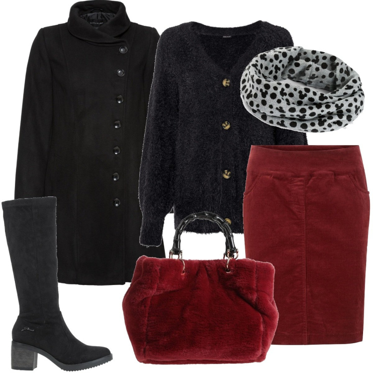 Outfit donna - Cardigan gonna rossa e via. Stile Casual chic per Ufficio. Abbinamento con stivali, borse a mano, maglieria, gonne, cappotti, foulard.