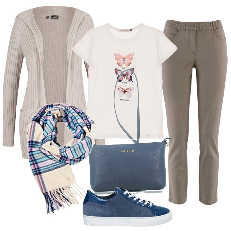 Outfit donna - Farfalle. Stile Basic per Tutti i giorni. Abbinamento con pantaloni, cardigans, sneakers, t-shirt, borse a tracolla, sciarpe.