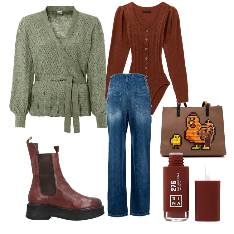Outfit donna - Autunno. Stile Basic per Tutti i giorni. Abbinamento con maglieria, stivaletti, borse a tracolla, jeans, body, rossetti.