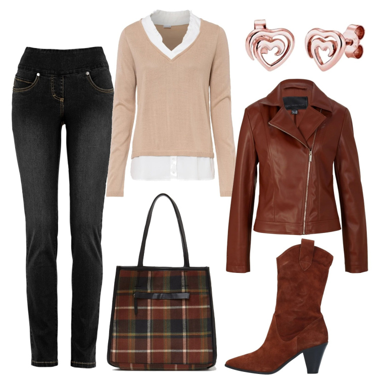 Outfit donna - A lezione in stile autunnale. Stile Urban per Scuola/Università. Abbinamento con jeans, giacche, maglieria, stivaletti, shopping bag, orecchini.