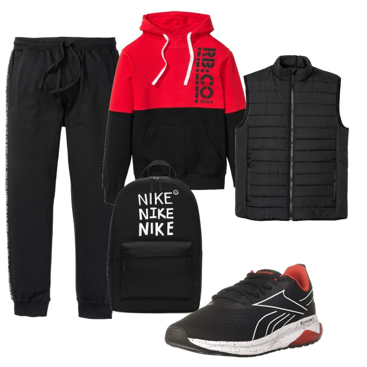 Outfit uomo - Sport. Stile Trendy per Sport. Abbinamento con felpe con cappuccio, pantaloni, gilet, borse sportive, scarpe sportive.