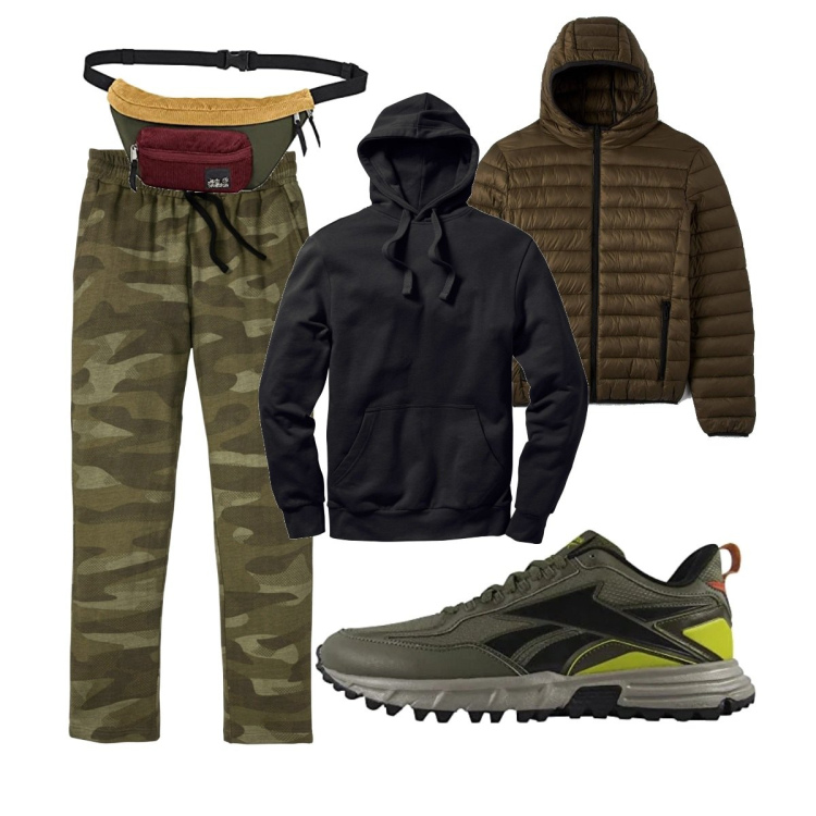 Outfit uomo - Sabato fuori città. Stile Casual per Tutti i giorni. Abbinamento con felpe con cappuccio, pantaloni, cappotti, scarpe sportive, borse sportive.