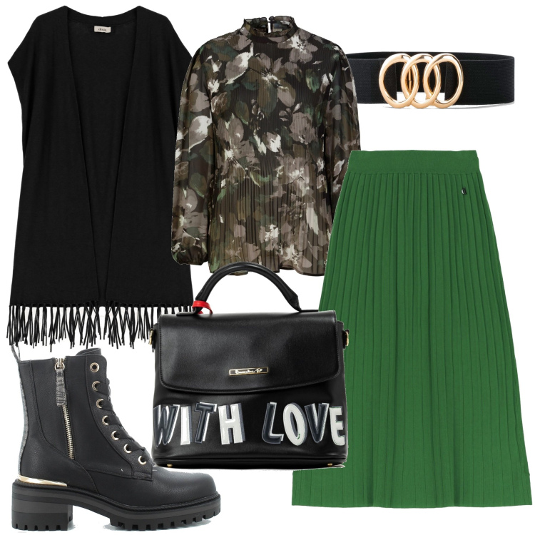 Outfit donna - La gonna midi verde. Stile Trendy per Ufficio. Abbinamento con cinture, bluse, gonne longuette, gilet, borse a tracolla, anfibi.