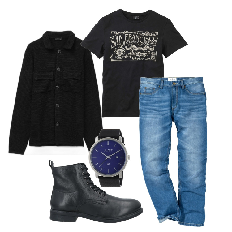 Outfit uomo - Al concerto blues. Stile Urban per Serata speciale. Abbinamento con jeans dritti, t-shirt, stivali e stivaletti, cardigans, orologi.