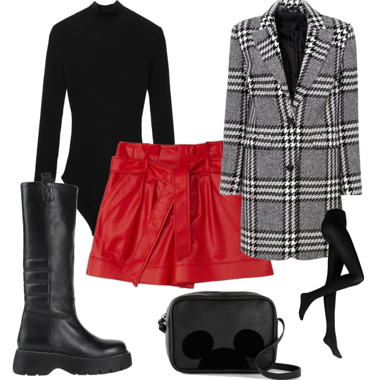 Outfit donna - Shorts rossi. Stile Trendy per Serata fuori. Abbinamento con collant, cappotti, borse a tracolla, stivali, bermuda, body.