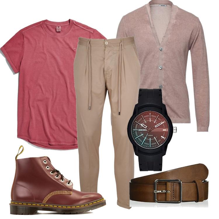 Outfit uomo - I dr Martens bordeaux. Stile Trendy per Tutti i giorni. Abbinamento con stivali, pantaloni, t-shirt, cardigans, orologi, cinture.