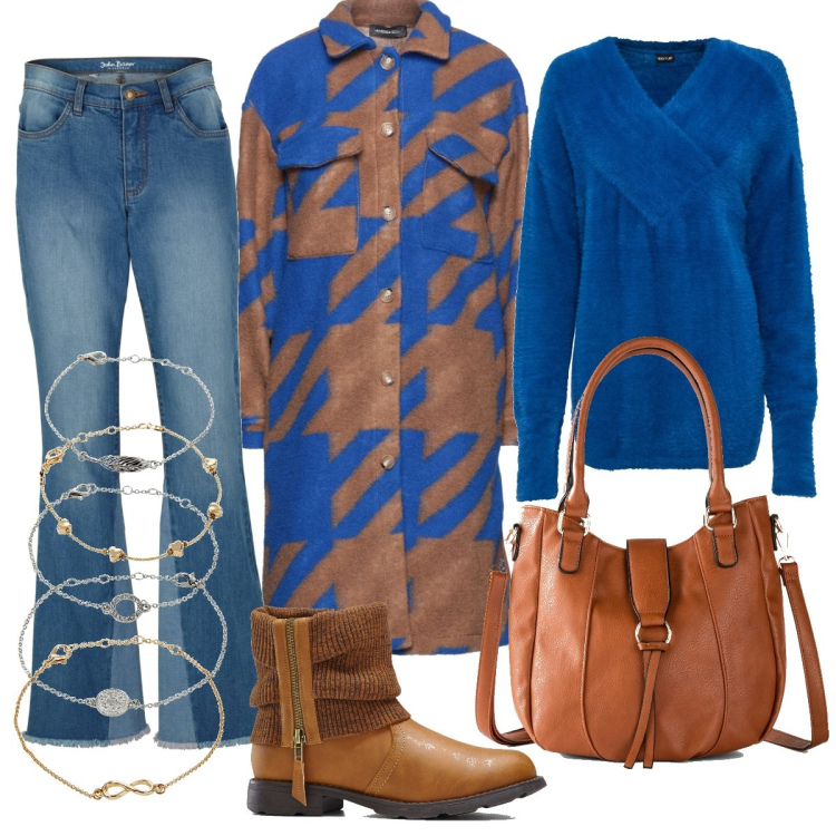 Outfit donna - Cuoio e bluette. Stile Casual per Tutti i giorni. Abbinamento con stivaletti, braccialetti con ciondoli, maglieria, borse a mano, jeans bootcut, cappotti.