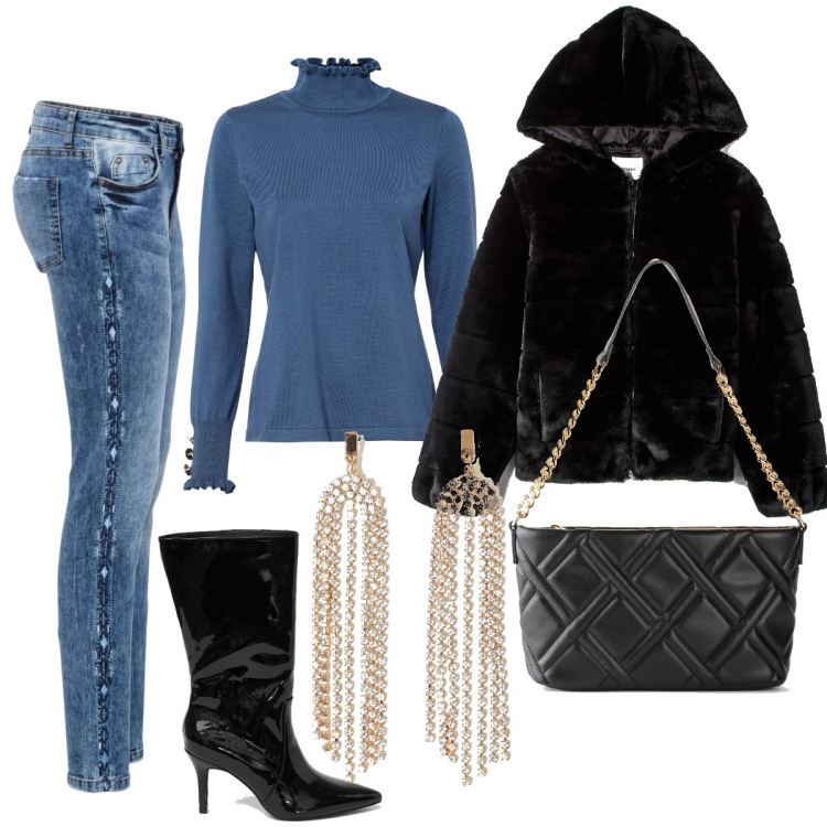 Outfit donna - Sexy in jeans. Stile Sexy per Serata fuori. Abbinamento con jeans skinny, maglieria, borse a mano, ecopellicce, orecchini, stivali.