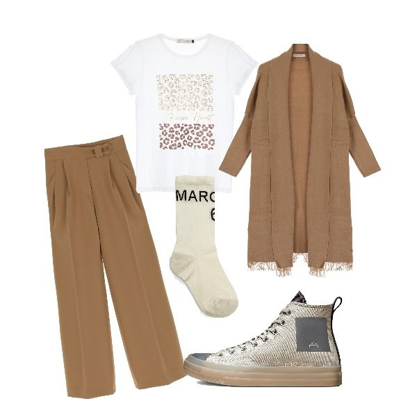 Outfit donna - Sporty chic. Stile Urban per Tutti i giorni. Abbinamento con t-shirt, pantaloni, cardigans, sneakers, calzini.