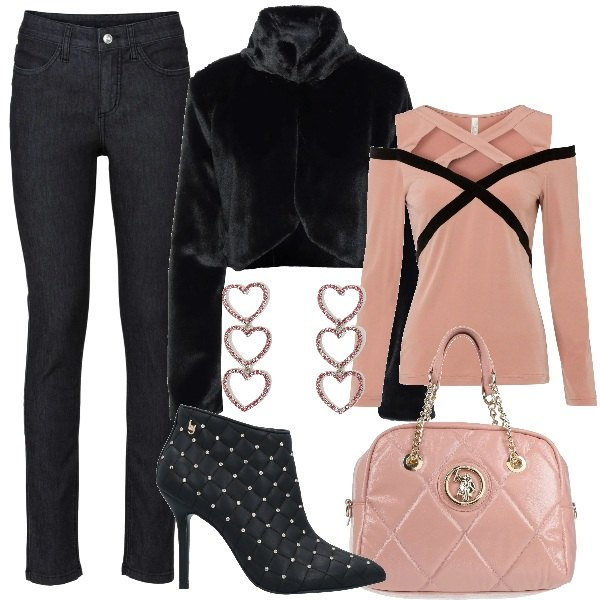 Outfit donna - Serata in jeans. Stile Trendy per Serata fuori. Abbinamento con jeans skinny, maglieria, stivaletti, cappotti, borse a mano, orecchini.