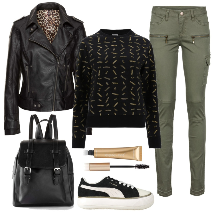 Outfit donna - Cargo. Stile Casual per Scuola/Università. Abbinamento con pantaloni cargo, cappotti, zaini, sneakers, felpe, mascara.