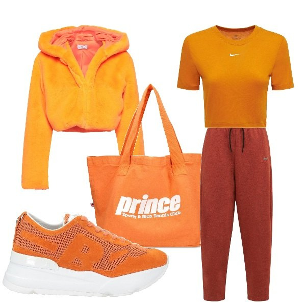 Outfit donna - Pumpkin fit look. Stile Sporty chic per Sport. Abbinamento con sneakers, cappotti, pantaloni cargo, top, shopping bag.