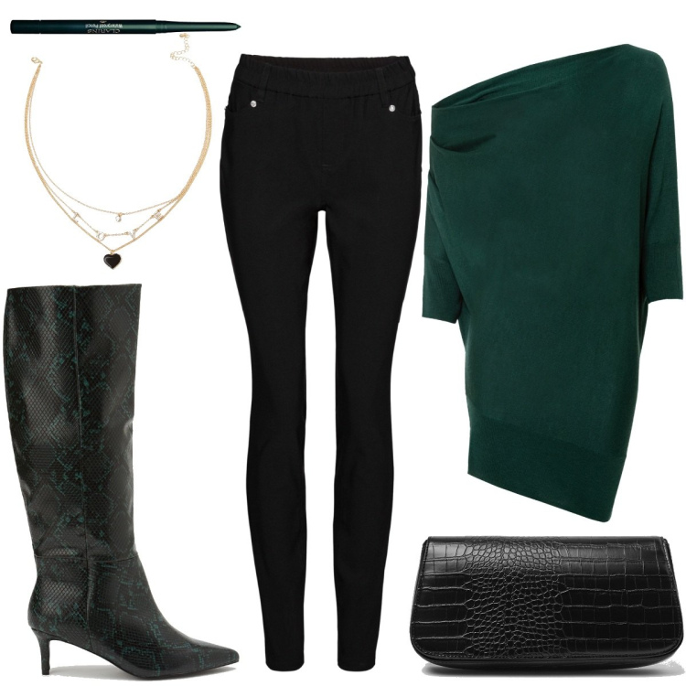 Outfit donna - In Verde e Nero. Stile Trendy per Serata fuori. Abbinamento con blazer, pantaloni skinny, stivali, borse a spalla, ciondoli, eyeliner.
