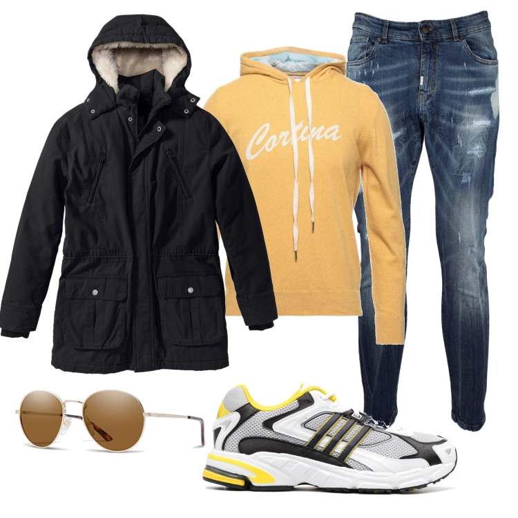 Outfit uomo - Total look #1445699. Stile Urban per Tutti i giorni. Abbinamento con parka, pullovers, jeans strappati, sneakers, occhiali da sole.
