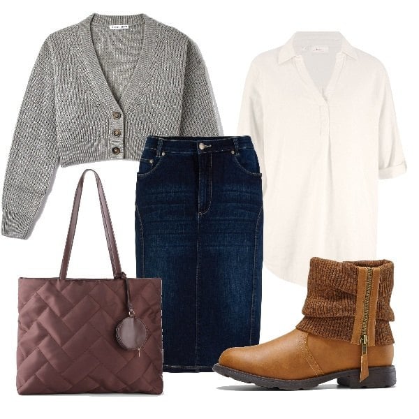 Outfit donna - Gonna in jeans e camicia bianca. Stile Urban per Tutti i giorni. Abbinamento con gonne, stivaletti, bluse, shopping bag, cardigans.