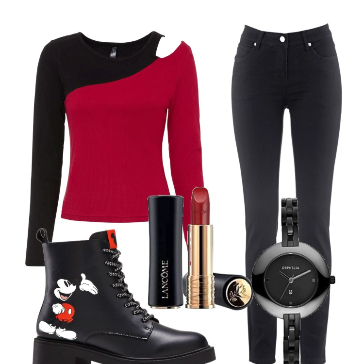 Outfit donna - Glamour #11003. Stile Glamour per Tutti i giorni. Abbinamento con jeans dritti, tuta con spalline sottili jersey nero, stivaletti, orologi analogici, rossetti.