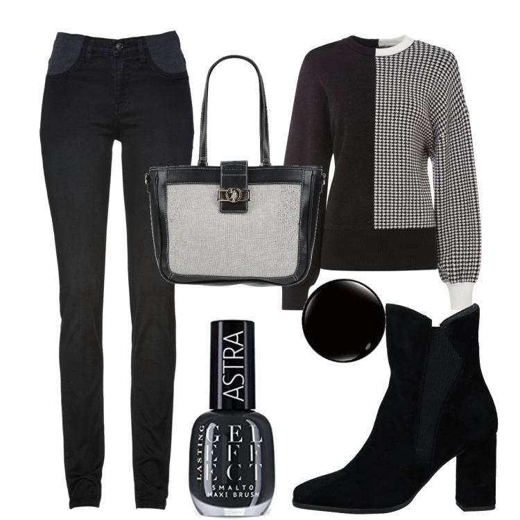 Outfit donna - Bianco e nero. Stile Casual chic per Tutti i giorni. Abbinamento con jeans skinny, maglieria, stivaletti, borse a mano, smalti.