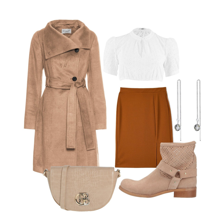Outfit donna - Ghost outfitter - cappotto in suede. Stile Preppy per Tutti i giorni. Abbinamento con camicie, cappotti, stivaletti, borse a tracolla, gonne, orecchini.