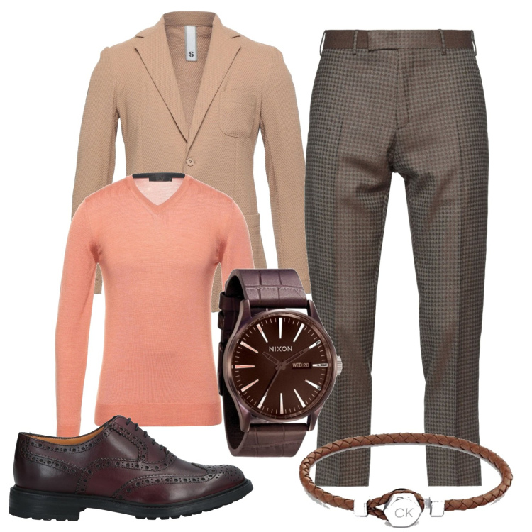 Outfit uomo - Il pullover salmone. Stile Casual per Ufficio. Abbinamento con pantaloni, scarpe stringate, giacche, pullovers, braccialetti, orologi.