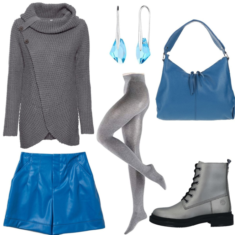 Outfit donna - A passeggio. Stile Casual per Tutti i giorni. Abbinamento con maglieria, stivaletti, borse a mano, bermuda, calzini, orecchini.