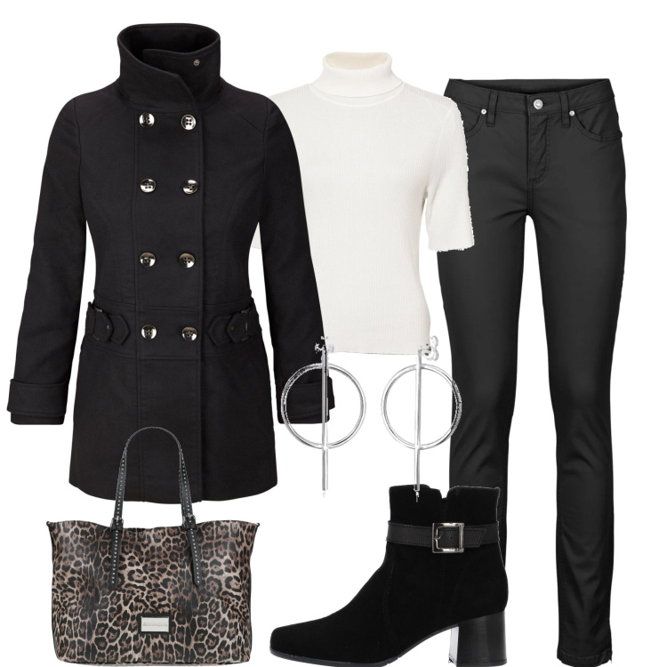 Outfit donna - Il cappotto nero. Stile Casual chic per Tutti i giorni. Abbinamento con jeans skinny, blazer, maglieria, borse a mano, stivaletti, orecchini.