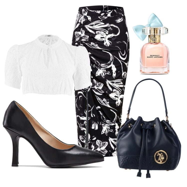 Outfit donna - Cena con le amiche. Stile Glamour per Serata fuori. Abbinamento con camicie, gonne, décolleté, borse a mano, profumi.