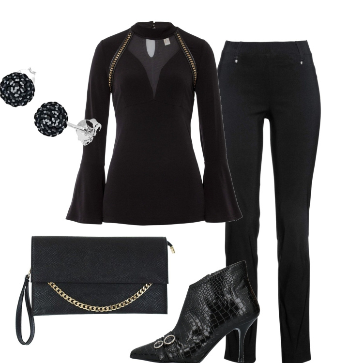 Outfit donna - Serata. Stile Casual chic per Serata fuori. Abbinamento con pantaloni, maglieria, stivaletti, pochette, orecchini.