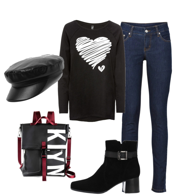 Outfit donna - In città. Stile Casual per Tutti i giorni. Abbinamento con maglieria, jeans skinny, zaini, stivaletti, cappelli con visiera.