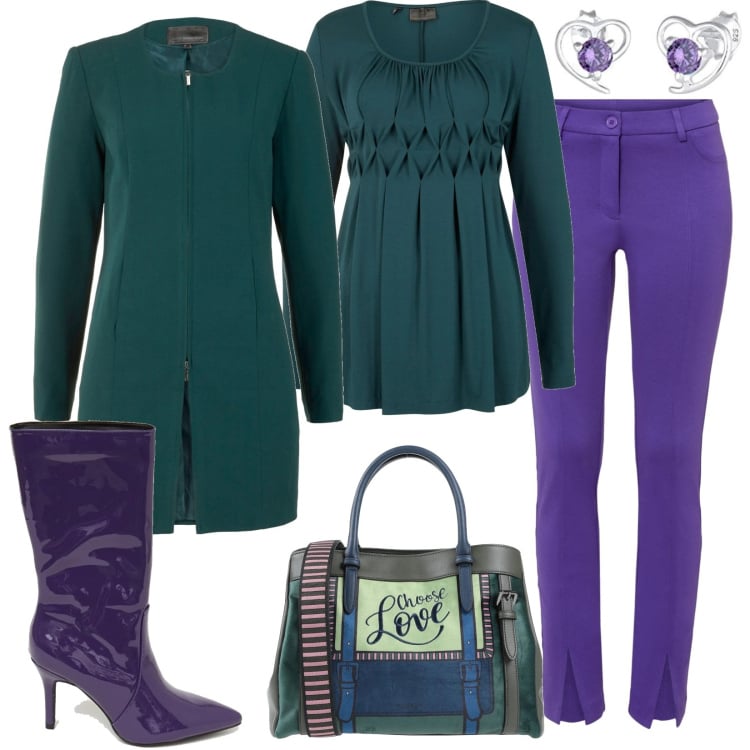 Outfit donna - Total look #1446048. Stile Casual per Tutti i giorni. Abbinamento con borse a mano, pantaloni, maglieria, blazer, stivali, orecchini.