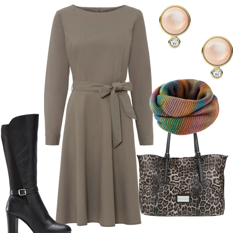 Outfit donna - Im ufficio. Stile Casual chic per Ufficio. Abbinamento con foulard, vestiti, stivali, borse a mano, orecchini.