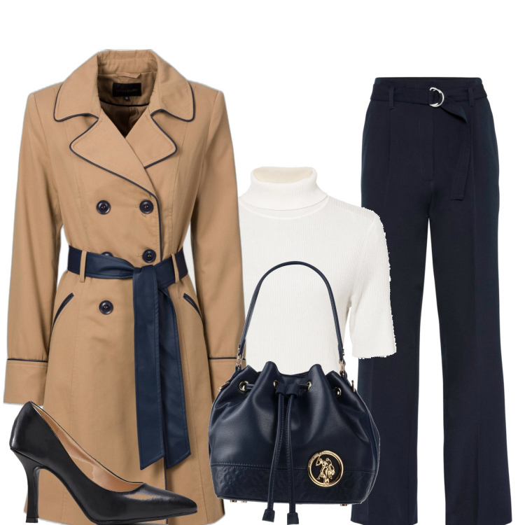 Outfit donna - In ufficio. Stile Casual chic per Ufficio. Abbinamento con trench, pantaloni, maglieria, décolleté, borse a mano.