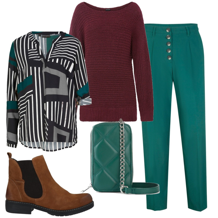 Outfit donna - Total look #1446055. Stile Casual per Ufficio. Abbinamento con maglieria, tuniche, pantaloni, borse a tracolla, stivaletti.