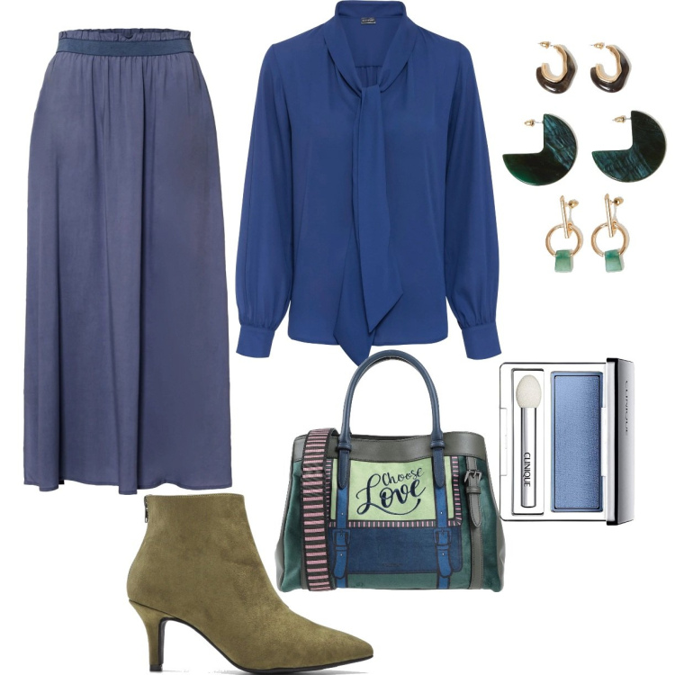 Outfit donna - Smokie blue. Stile Bon Ton per Ufficio. Abbinamento con borse a mano, camicie, stivaletti, gonne lunghe, orecchini, ombretti.