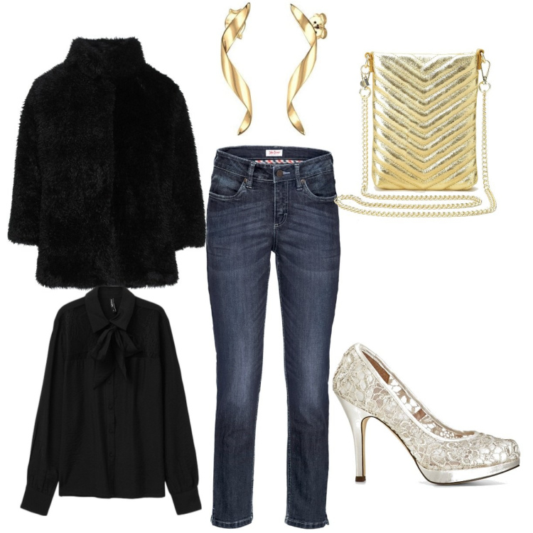 Outfit donna - By night. Stile Casual per Serata fuori. Abbinamento con jeans, décolleté, cappotti, camicie, pochette, orecchini.