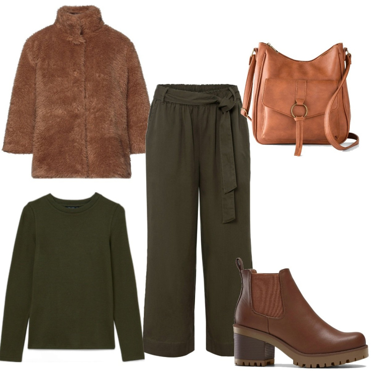 Outfit donna - Autunno. Stile Casual per Tutti i giorni. Abbinamento con stivaletti chelsea, borse a tracolla, pantaloni culotte, cappotti, maglieria.
